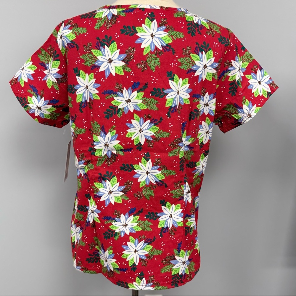 NWT Buttersoft Winter Floral Scrub Top L Red Christmas Poinsettia Scrub Uniform - Picture 2 of 6